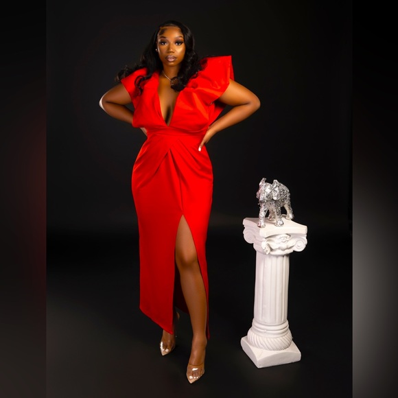 open lace back dress Plunging V-Neck Red Velvet A-Line Prom Dress with Slit  FancyVestido